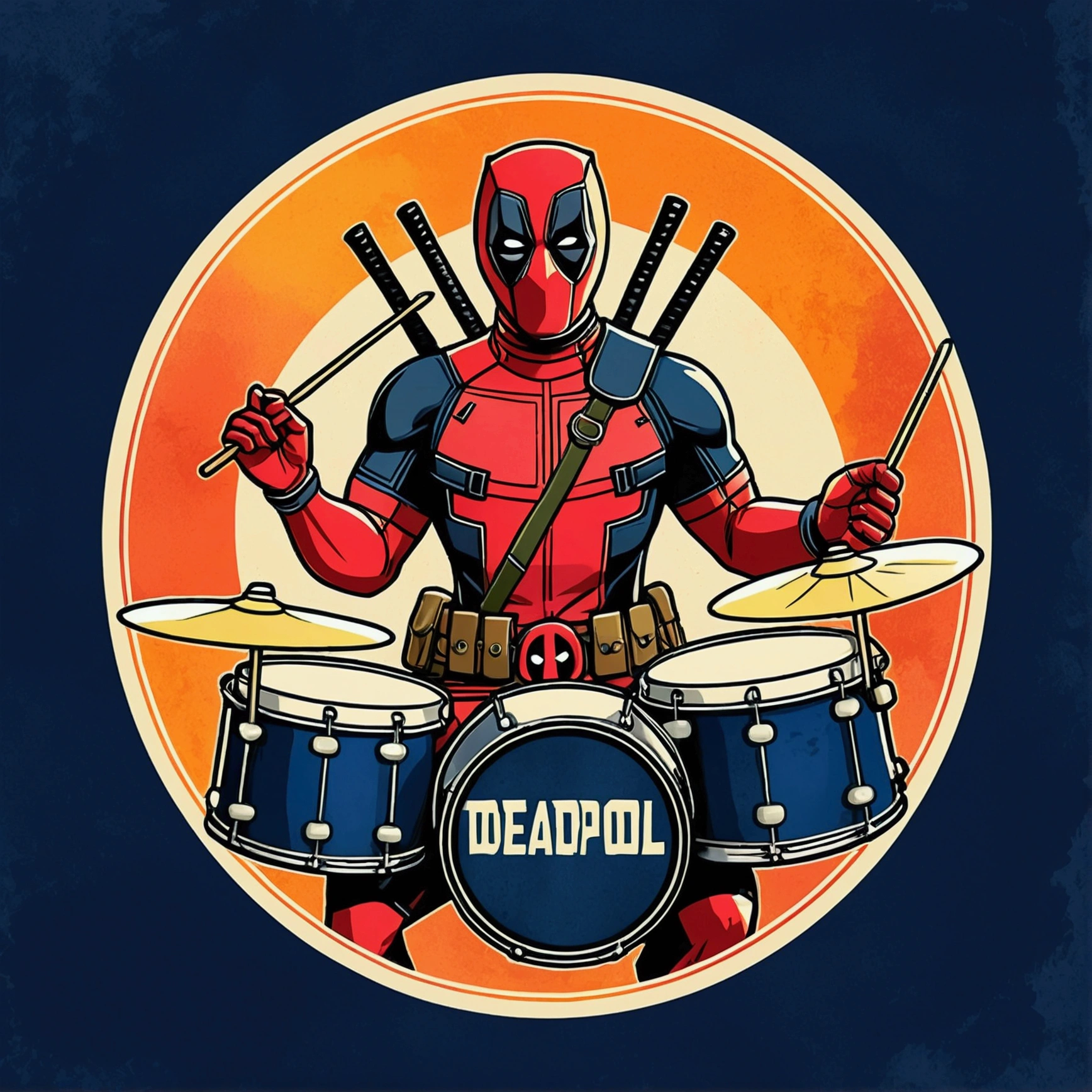 Create a vintage poster, "Deadpool" "playing the drums", with soft tones, no background, using nostalgic illustration techniques. A retro design in an old typography and worn textures." The-shirt vector, 2D art, vector; Shading and gradients, Art Nouveau, vibrant colors and synthwave. Vector design, thin lines, central composition, soft background, palette (dark blue , orange, red, olive green), watercolor logo style with printed effect, monochrome background, from yukisakura, with original and incredible colors.