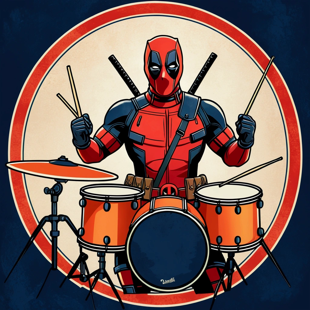 Create a vintage poster, "Deadpool" "playing the drums", with soft tones, no background, using nostalgic illustration techniques. A retro design in an old typography and worn textures." The-shirt vector, 2D art, vector; Shading and gradients, Art Nouveau, vibrant colors and synthwave. Vector design, thin lines, central composition, soft background, palette (dark blue , orange, red, olive green), watercolor logo style with printed effect, monochrome background, from yukisakura, with original and incredible colors.
