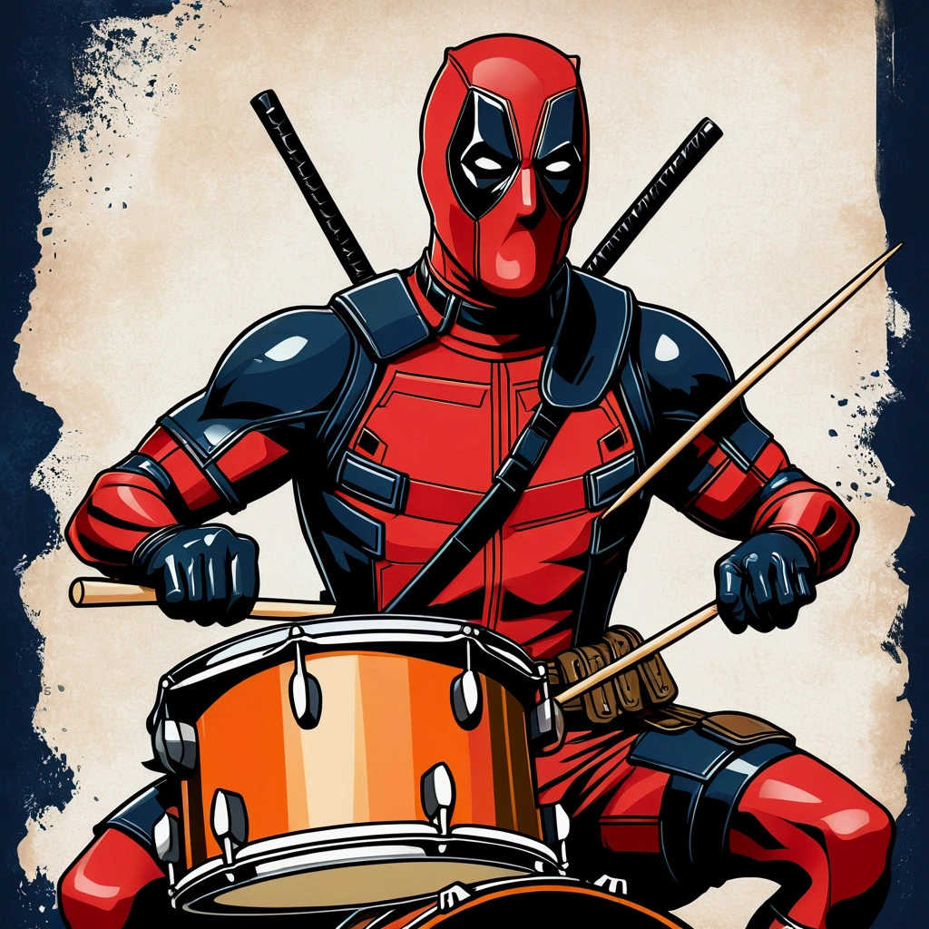 Create a vintage poster, "Deadpool" "playing the drums", with soft tones, no background, using nostalgic illustration techniques. A retro design in an old typography and worn textures." The-shirt vector, 2D art, vector; Shading and gradients, Art Nouveau, vibrant colors and synthwave. Vector design, thin lines, central composition, soft background, palette (dark blue , orange, red, olive green), watercolor logo style with printed effect, monochrome background, from yukisakura, with original and incredible colors.