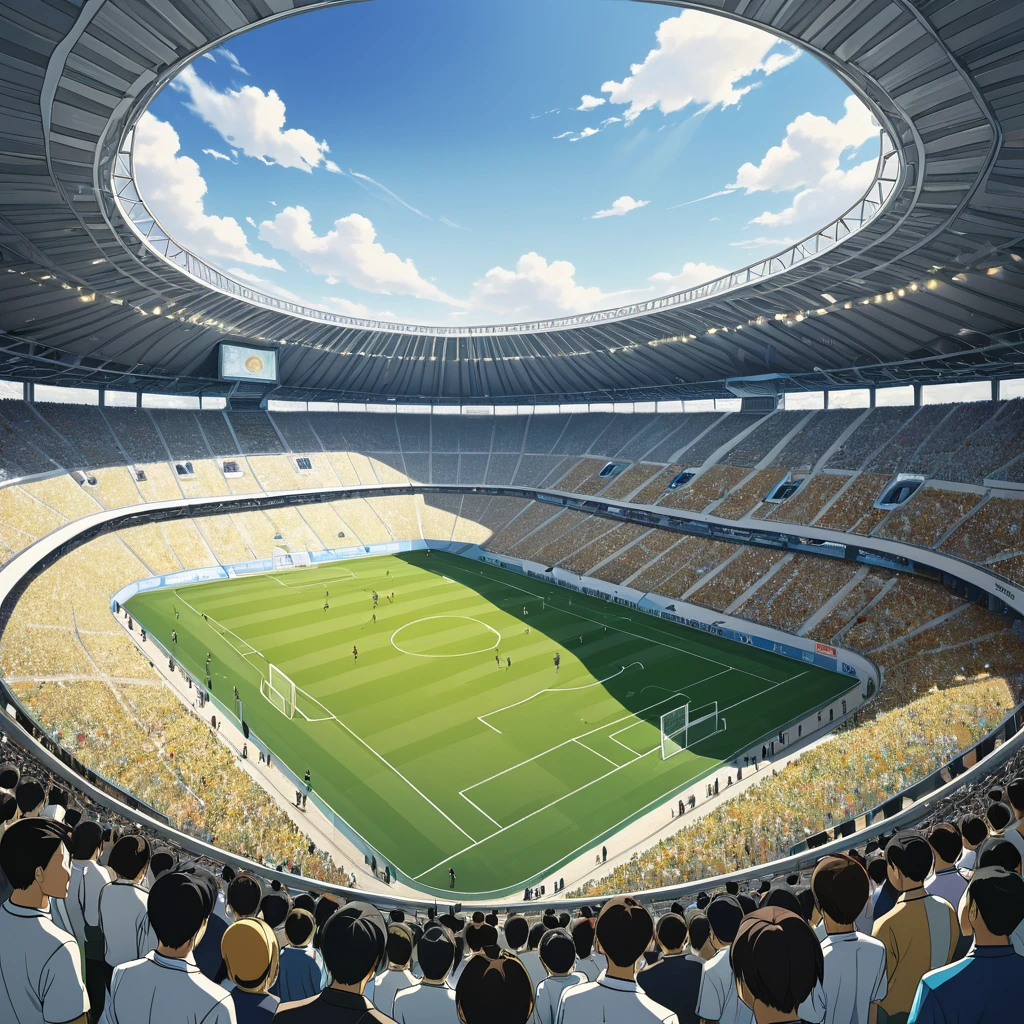 arafed view of a Stadium with a large crowd of people, Stadium, Stadium setting, Stadium full of people, by Yokoyama Taikan, By Tomioka Tessai, soccer Stadium, Stadium landscape, Akikazu Mizuno, [ Realistic photos ]!!, Futuristic sports arena, art deco Stadium, By Hiroyuki Tajima