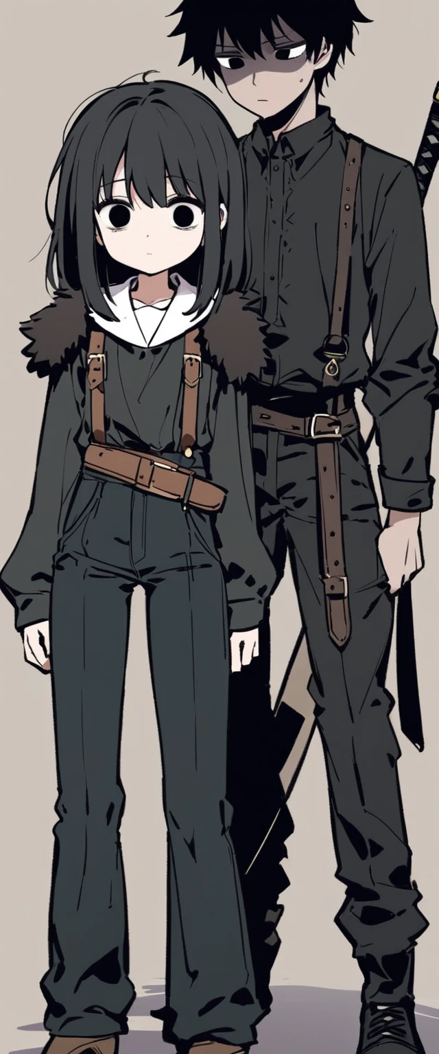 Drawing style of a little teenage girl of 14 years old with short black hair and a little messy with a small shadow on her face showing how gloomy she is with black eyes wearing black clothes with brown leather suspenders with black fur on her shoulders. His clothes also have several straps on his clothes and his pants are short brown while he has a sword in his sheath with a strap on his waist., with empty eyes without feelings looking at nothing