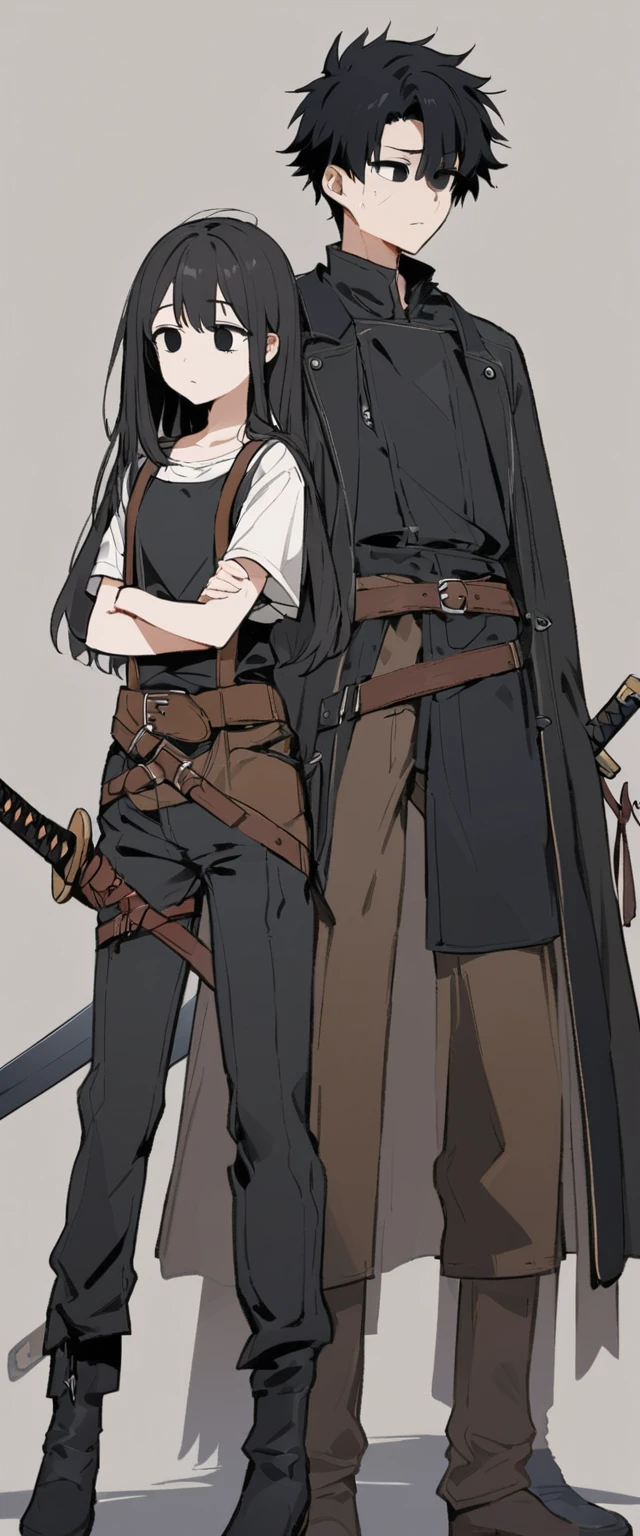 Drawing style of a  girl of 14 years olack hair and a little messy with a small shadow on her face showing how gloomy she is with black eyes wearing black clothes with brown leather suspenders with black fur on her shoulders. His clothes also have several straps on his clothes and his pants are short brown while he has a sword in his sheath with a strap on his waist., with empty eyes without feelings looking at nothing