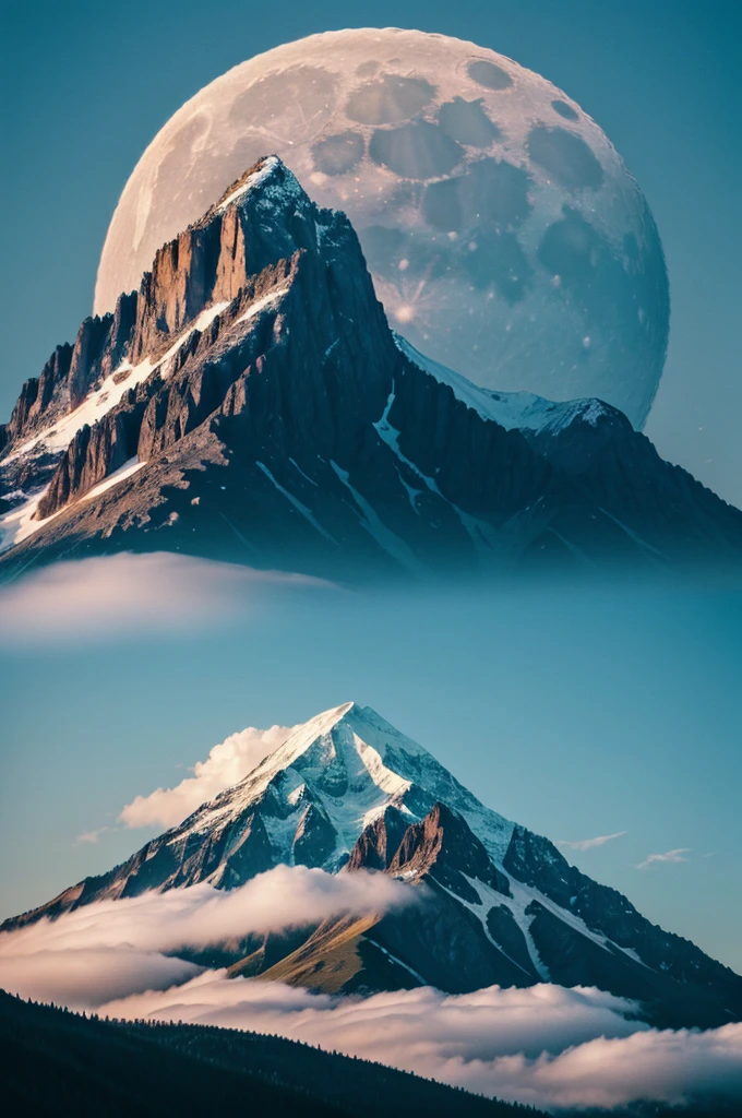 A mountain with clouds on it and the moon visible on the side 