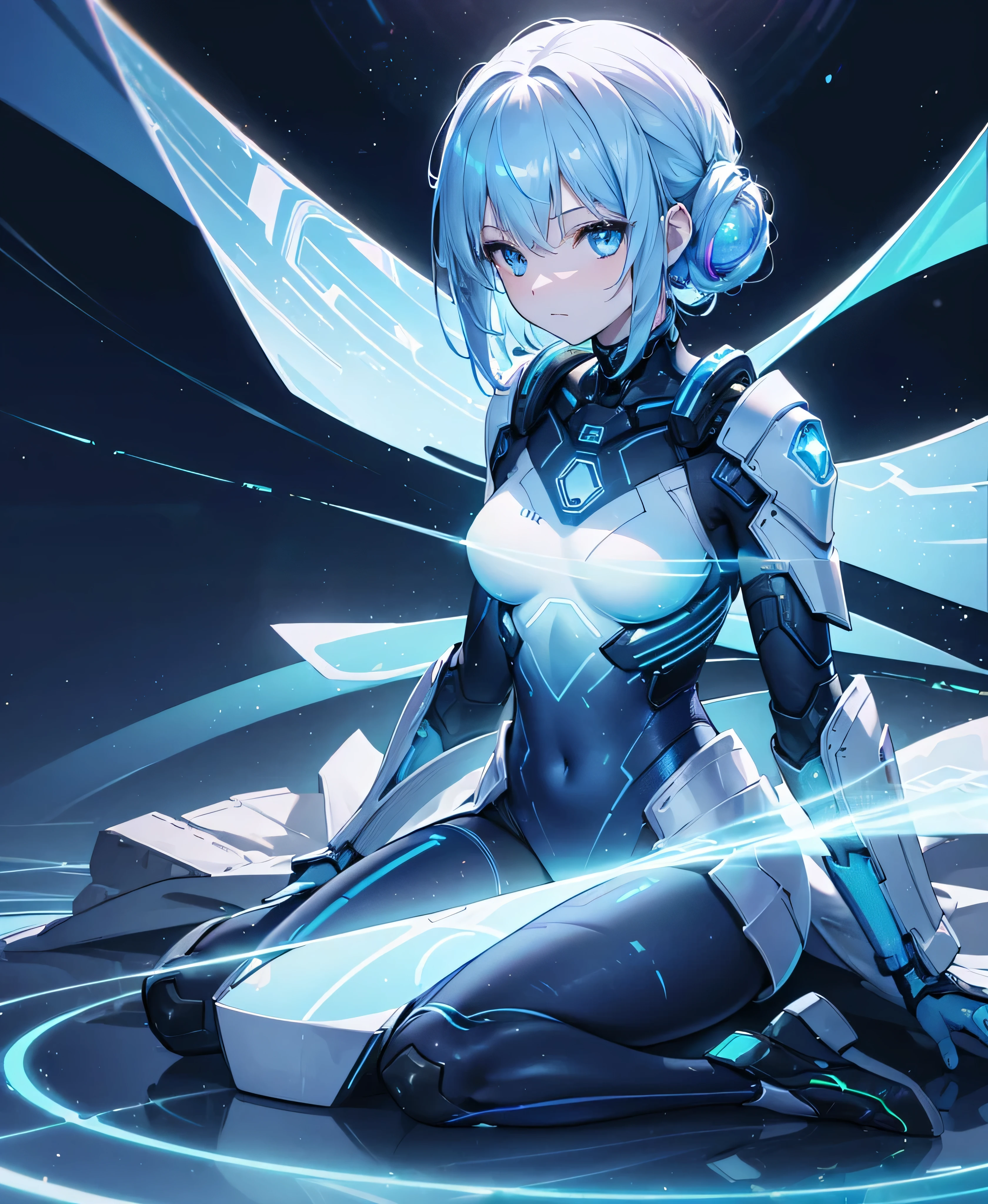 ((Holographic glow effect)),8k, Highest quality, (real:1.4), Original photo, 1 girl, Asari Hair, Biological Amplifier, refined armor, posture: Peace talks between warring factions, smart blue eyes,whole body