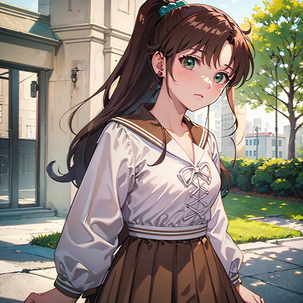 masterpiece, best quality, highres, hmjupiter, ponytail, green eyes, jewelry, , long sleeves, sailor collar, brown skirt, brown sailor collar, pleated skirt, serafuku, white shirt, standing, outdoors, building, school,