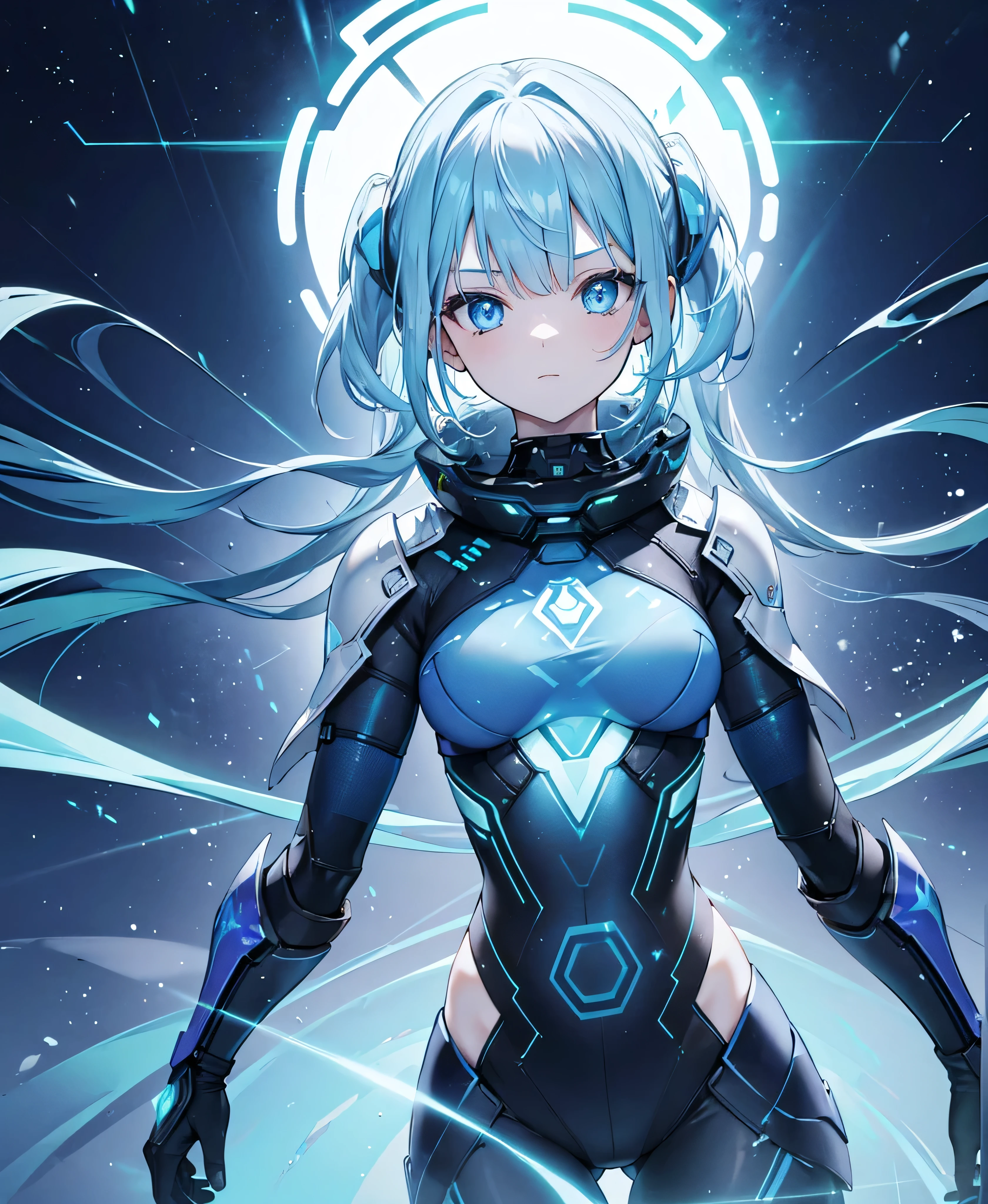 ((Holographic glow effect)),8k, Highest quality, (real:1.4), Original photo, 1 girl, Asari Hair, Biological Amplifier, refined armor, posture: Peace talks between warring factions, smart blue eyes,whole body