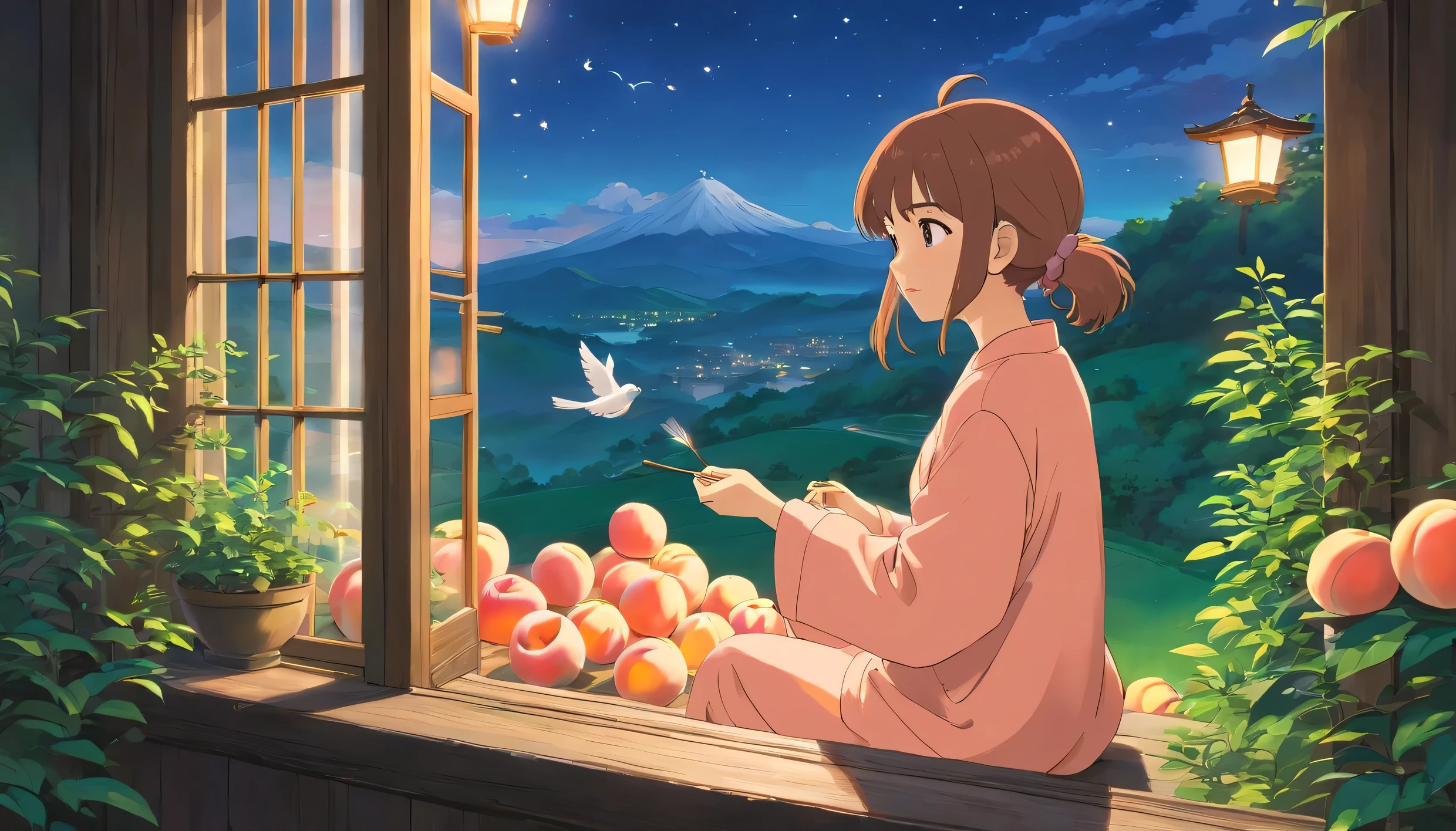 "A girl in a beautiful peach-colored night suit, inspired by South Korean fashion, opens the window of her house in the morning. The weather outside is breathtaking. Lush green trees surround the area, and in the distance, a river flows gently. Birds are soaring gracefully in the clear blue sky, which has a few scattered clouds. The air is crisp and fresh at 6 AM, painting a serene picture reminiscent of the idyllic Japanese countryside."