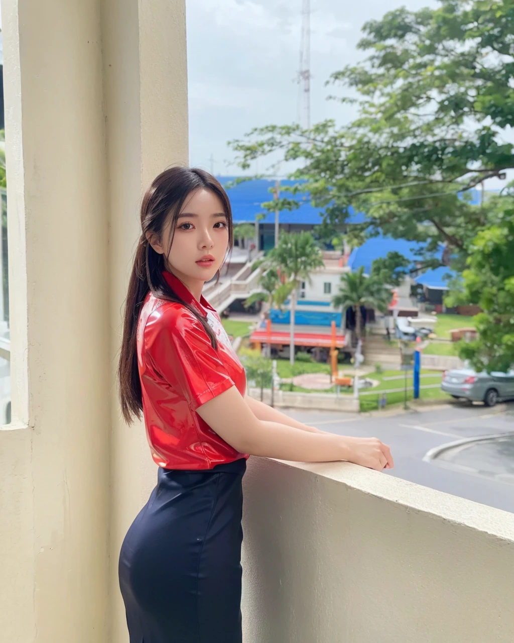 best quality, 8k, highly detailed face and skin texture, big booty long hair asian girl in blue short latex dress at balcony with sea view, looking at viewer, back view, sharp focus