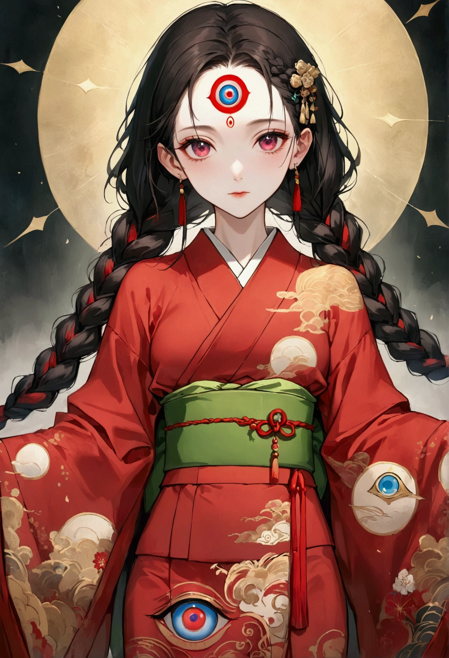 (((1 Girl,Double braid,独奏,third eye on the forehead,))),(((Gorgeous Japanese red kimono:1.6,Eye Diagram,Dark Pattern))).(((Thin waist,Greenbelt:1.37)))whole body