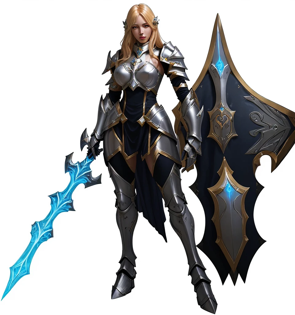 paladin, female, full armor, white armor, sexy, pretty face face, glowing armor, wonderfull, looks like "leona" from "league of legends"