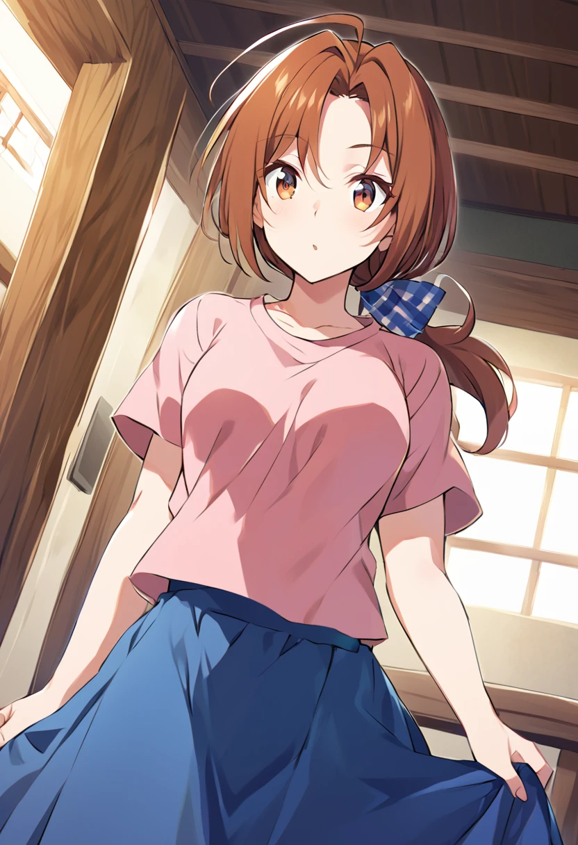 score_9, score_8_up, score_7_up, source_anime,
deliaketchum, deliaketchum, brown hair, brown eyes, parted bangs, ahoge, ponytail, low ponytail,
shirt, pink shirt, short sleeves, skirt, blue skirt, long skirt,
indoors,
looking at viewer, cowboy shot, dutch angle,