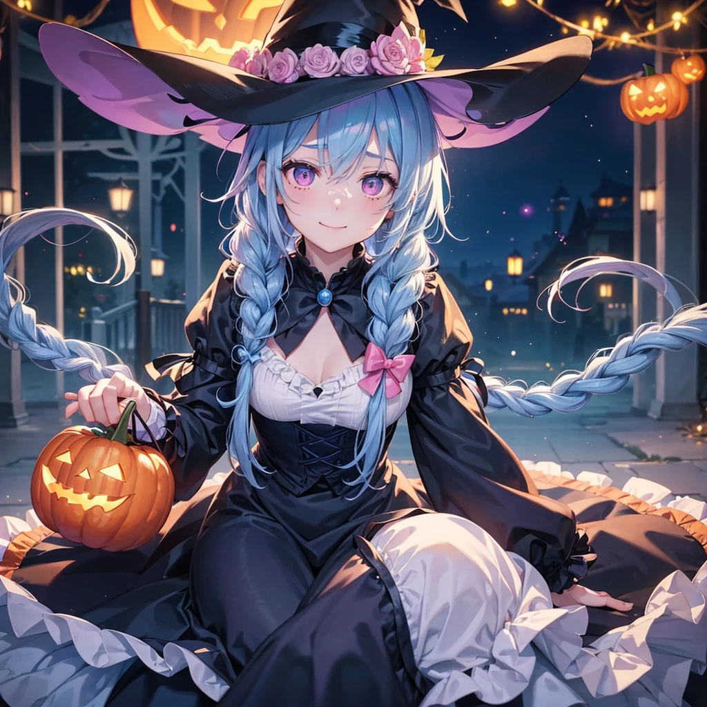 (Light blue medium hair),(Braided hair tied together)、Pink eyes、Fair skin、cowboy shot、Halloween、The background is a pumpkin ghost、Trick or Treat、A lot of sweets、witch、Halloweenナイトパーティー、Candy、Cosplay、A surprising smile、A dignified figure、solo、(masterpiece、Highest quality、Very detailed、Best Shadow)、(Detailed Background)、(Beautifully detailed face)、High contrast、(Best lighting、Very delicate and beautiful)、(Cinematic Light)、colorful、Hyper Detail、Dramatic Light、Exquisite detail、
