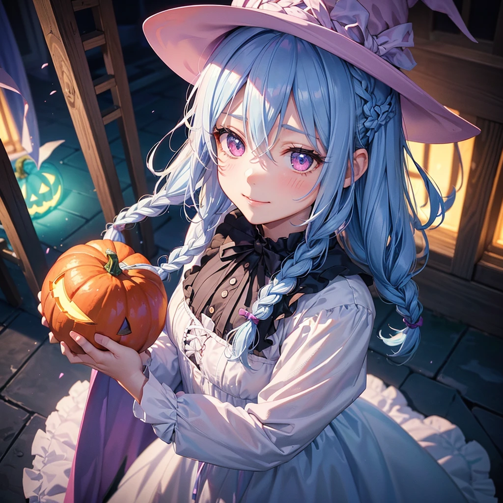 (Light blue medium hair),(Braided hair tied together)、Pink eyes、Fair skin、cowboy shot、Halloween、The background is a pumpkin ghost、Trick or Treat、A lot of sweets、witch、Halloweenナイトパーティー、Candy、Cosplay、A surprising smile、A dignified figure、solo、(masterpiece、Highest quality、Very detailed、Best Shadow)、(Detailed Background)、(Beautifully detailed face)、High contrast、(Best lighting、Very delicate and beautiful)、(Cinematic Light)、colorful、Hyper Detail、Dramatic Light、Exquisite detail、