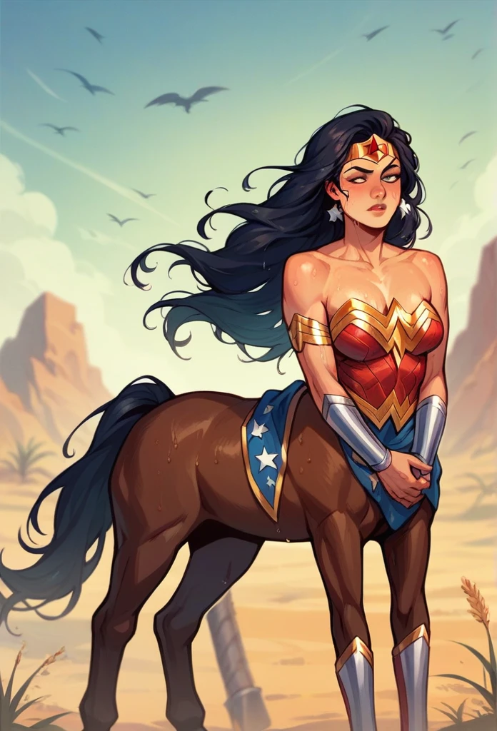 a chinese woman age 30 using wonder woman outfit riding a horse wit wet body looking so painful after duel with warrior princess in the middle of desert