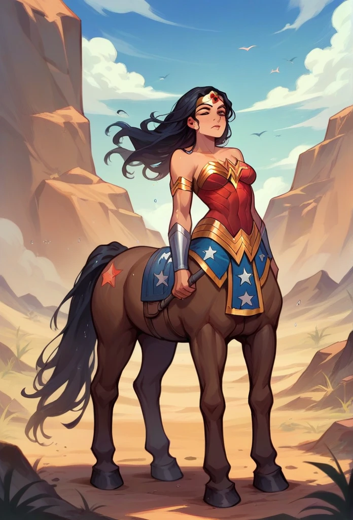 a chinese woman age 30 using wonder woman outfit riding a horse wit wet body looking so painful after duel with warrior princess in the middle of desert