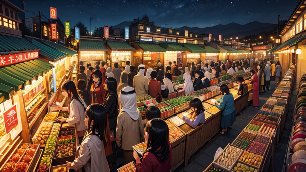 A crowded Middle Eastern bazaar、field、night、The bazaar's products include beautiful lamps and、Magic stone、Beautiful textiles are displayed everywhere、Ahead of me, a girl wearing a robe is walking down the hallway, looking in my direction.、Fantasy、The lanterns create a fantastic atmosphere