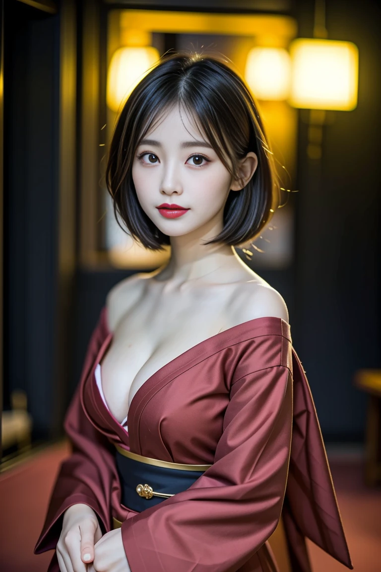 Elegant Japanese geisha with a curvy figure, 28 years old, height 162cm,
voluptuous traditional beauty (92-62-90 cm), ample E-cup bosom, slender 62cm
waist, full 90cm hips, oval face with high cheekbones, almond-shaped eyes (deep
brown, RGB: 39, 26, 17) with single eyelids, straight nose, small mouth with full lips,
porcelain-white skin (RGB: 248, 240, 232), elaborate traditional nihongami hairstyle
with kanzashi hair ornaments (gold and red), white face makeup with red lips (RGB:
203, 40, 33) and black eyebrows, wearing a luxurious furisode kimono in deep red
(RGB: 153, 27, 30) with gold embroidery, kimono slightly open revealing pale
shoulder and hint of cleavage, red obi sash accentuating waist, sitting gracefully in
seiza position on tatami floor, in a high-end traditional tea house setting with shoji
screens and ikebana arrangement, soft diffused lighting through rice paper screens,
artistic portrait emphasizing traditional beauty with a hint of sensuality, shot with
Fujifilm GFX 100S medium format camera, 110mm f/2 lens, ISO 400, 1/60 sec,
102MP resolution, attention to intricate textures and subtle skin tones--ar 3:4--q 2--s 950--v 6.0--style raw
