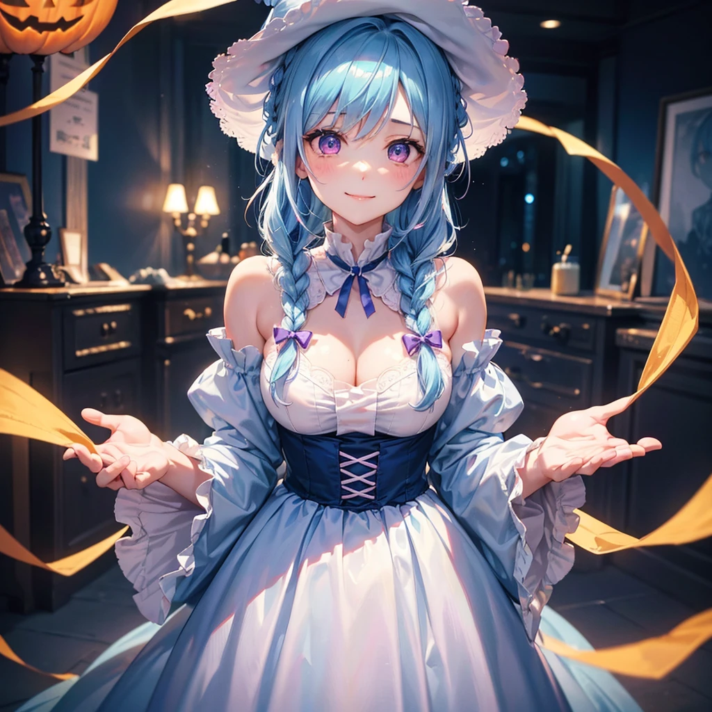 (Light blue medium hair),(Braided hair tied together)、Pink eyes、Fair skin、cowboy shot、Halloween、The background is a pumpkin ghost、Trick or Treat、A lot of sweets、witch、Halloweenナイトパーティー、Candy、Cosplay、A surprising smile、A dignified figure、solo、(masterpiece、Highest quality、Very detailed、Best Shadow)、(Detailed Background)、(Beautifully detailed face)、High contrast、(Best lighting、Very delicate and beautiful)、(Cinematic Light)、colorful、Hyper Detail、Dramatic Light、Exquisite detail、