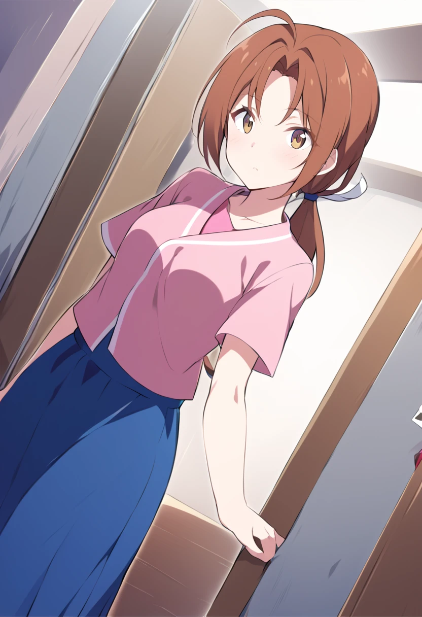 score_9, score_8_up, score_7_up, source_anime,
deliaketchum, deliaketchum, brown hair, brown eyes, parted bangs, ahoge, ponytail, low ponytail,
shirt, pink shirt, short sleeves, skirt, blue skirt, long skirt,
indoors,
looking at viewer, cowboy shot, dutch angle,