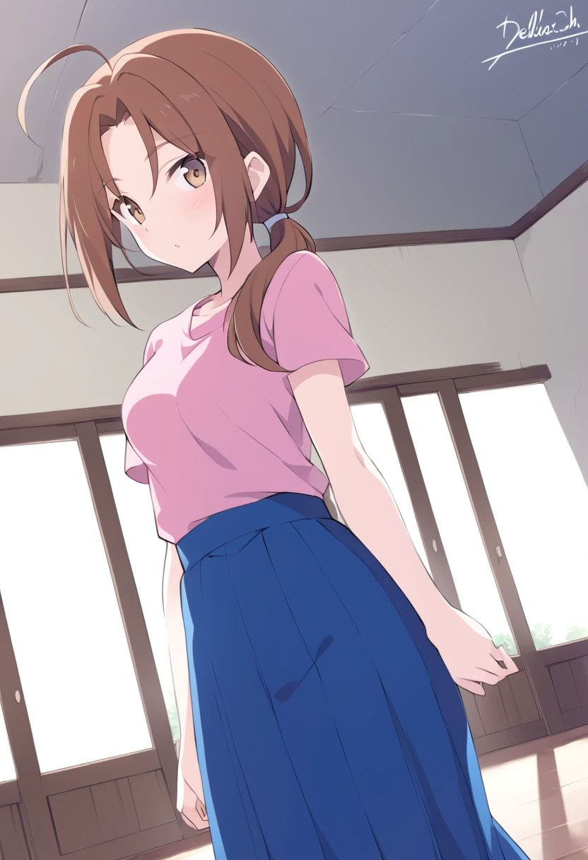 score_9, score_8_up, score_7_up, source_anime,
deliaketchum, deliaketchum, brown hair, brown eyes, parted bangs, ahoge, ponytail, low ponytail,
shirt, pink shirt, short sleeves, skirt, blue skirt, long skirt,
indoors,
looking at viewer, cowboy shot, dutch angle,