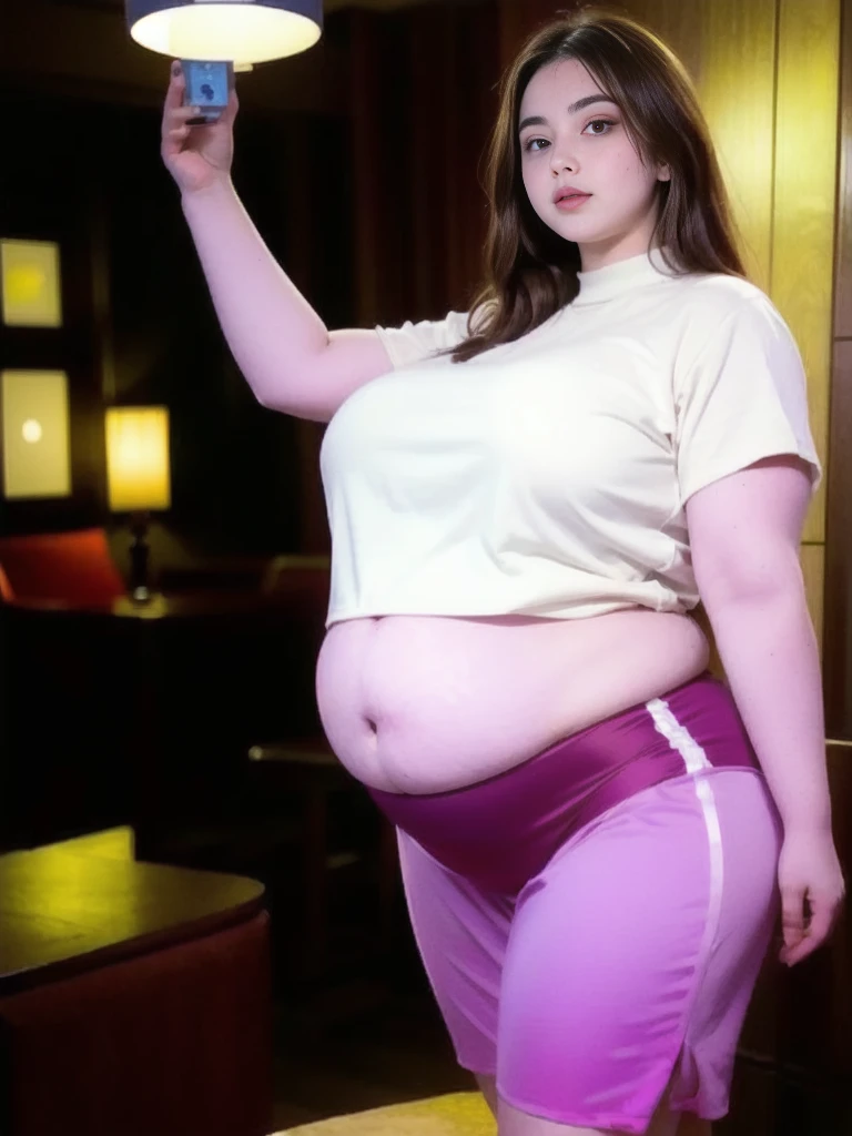 il y a une femme en chemise blanche et culotte noire qui pose, she has a round and big belly, thick, bbwchan, her belly is big and round, sultry body with sexy belly, attractive plus size model, her navel is exposed, hyperrealistic complete figure, corps thick, large stomach, curved model