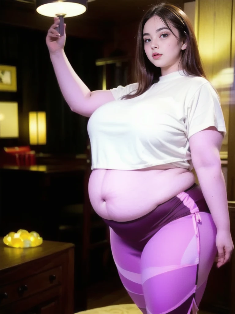 il y a une femme en chemise blanche et culotte noire qui pose, she has a round and big belly, thick, bbwchan, her belly is big and round, sultry body with sexy belly, attractive plus size model, her navel is exposed, hyperrealistic complete figure, corps thick, large stomach, curved model