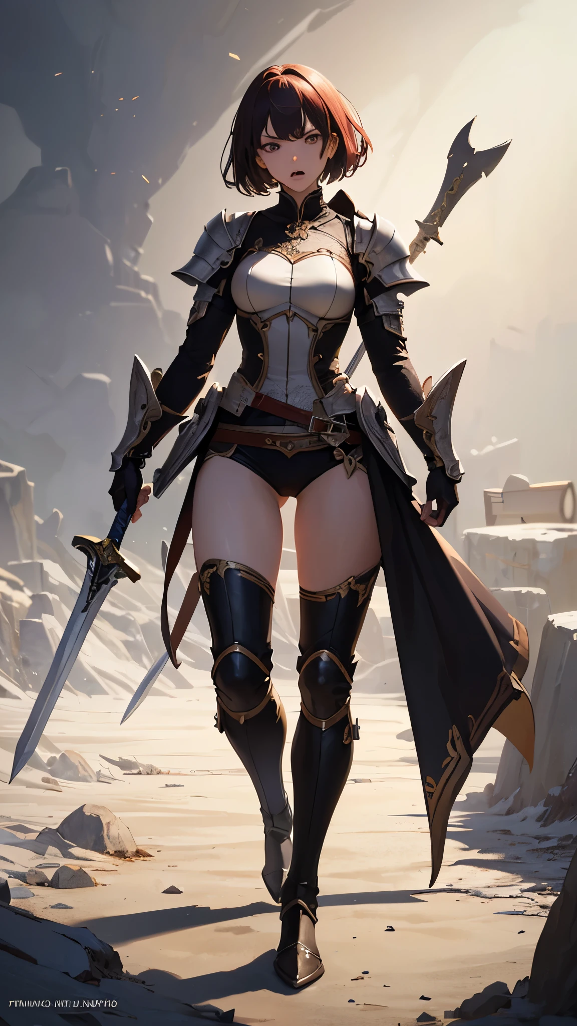 (masterpiece, 4K ,Super detailed:1.2), (anime:1), (Perfect quality), (anger), The whole body is shown, View Viewer, Holding a longsword, Adult women, tall, Full Body Art, Knight&#39;s full plate decorated armor, Silver Cape, Perfect detail, Desperate look, Ultra violent women, Powerfully々And, Muscular