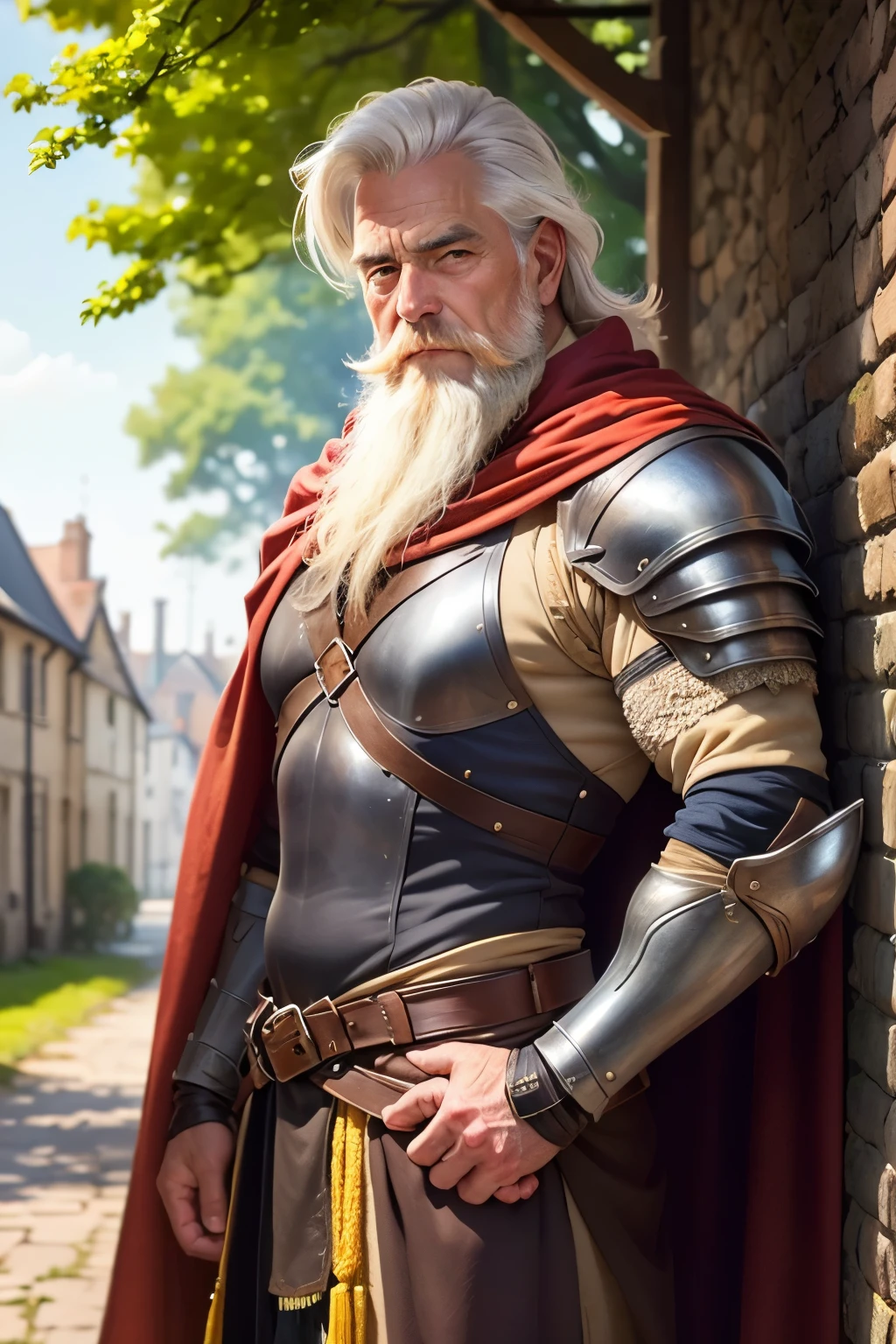 ((best qualityer)), ((work of art)), (detailded), A male Ranger. Born from the forest. Leather armor that blends in with the underbody and cape to become invisible. 60 year old man . Light hair with robust design. Os olhos super detaildeds .His gaze would be intense and serious. highly detailed image .shy smile .wide chin.long beard.ready for action at any time.60 year old man.background a medieval city of stones,sunny day
