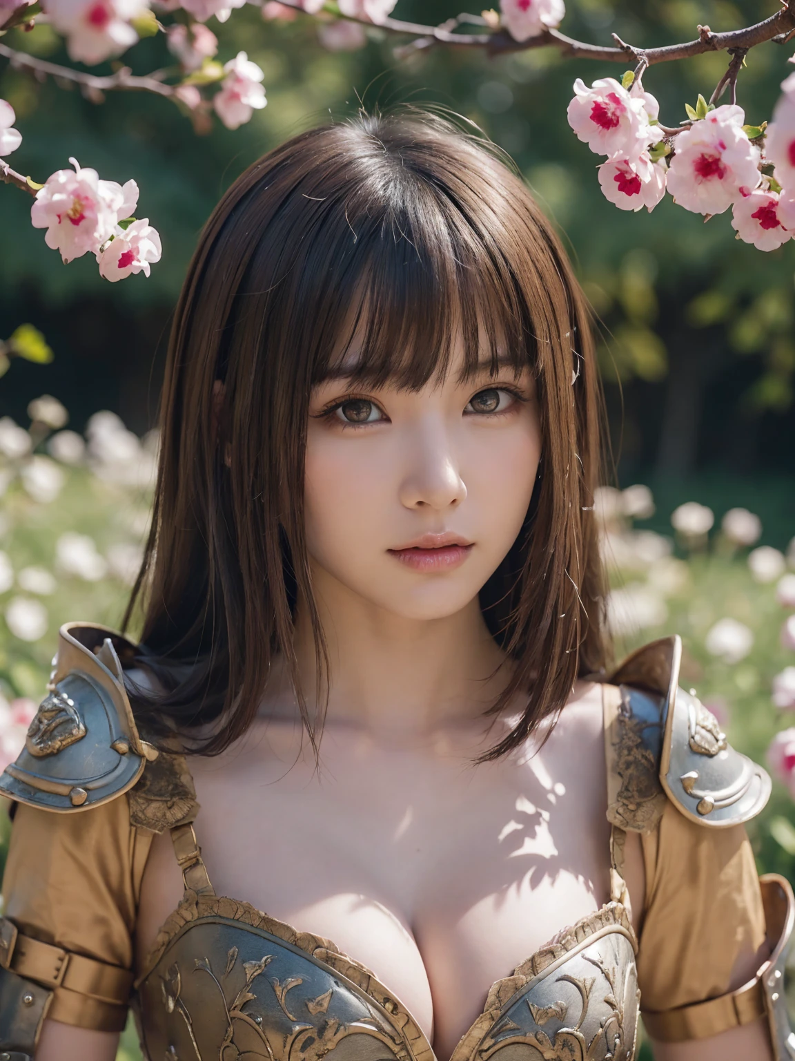 One Girl, (beautiful girl, Delicate girl:1.3), (:1.3),
break,  (Medieval Armor:1.2),
break, (Flower Field　background:1.2),
break, Very beautiful eyes, (Symmetrical eyes:1.3),
break, (Big Breasts:1.3), Brown eyes, Parted bangs, Brown bob cut hair, Round face, cute,
break, (Eye and facial details:1.0),
break, (masterpiece, Highest quality, Very detailed, Detailed face, 8k)