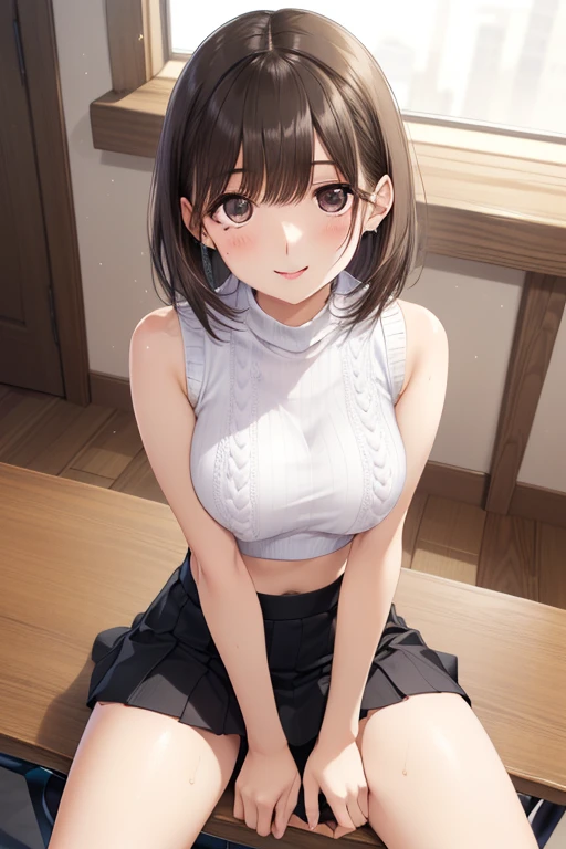 anegasaki nene、Shiny brown hair, short hair, (Beautiful brown eyes、Sparkling eyes, Fine grain)、smile、Ultra-detailed eyes、Highly detailed face, Highly detailed eyes,


(Sexy and slim sleeveless cropped knit:1.45)、(Sexy black mini skirt:1.35)、(She is straddling the chair with her .:1.35),(Look at this:1.35)