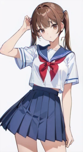 ((Highest quality)), ((masterpiece)), (detailed), ((One Girl))、( girls)、((A photo showing your thighs to the top of your head))、(Standing straight, facing the camera)、School uniforms、Sailor suit、Pleated skirt、Brown Hair、Brown eyes、Twin tail hair、Young face、low length、Slender figure、Small breasts、White background、Short sleeve、Poor body、Thin