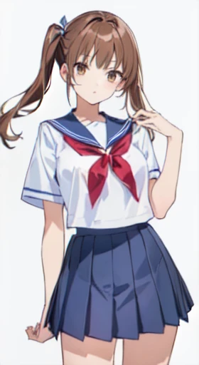 ((Highest quality)), ((masterpiece)), (detailed), ((One Girl))、( girls)、((A photo showing your thighs to the top of your head))、(Standing straight, facing the camera)、School uniforms、Sailor suit、Pleated skirt、Brown Hair、Brown eyes、Twin tail hair、Young face、low length、Slender figure、Small breasts、White background、Short sleeve、Poor body、Thin