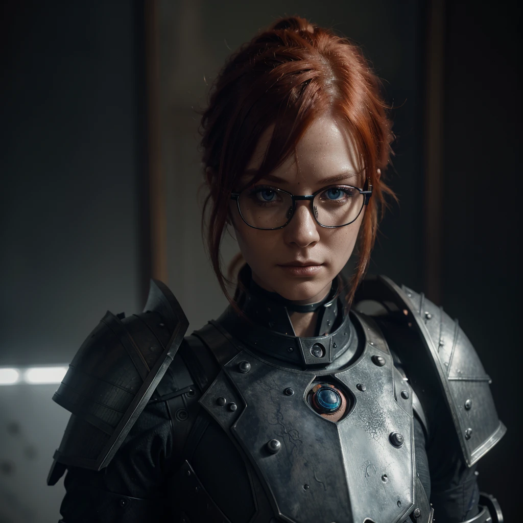 A humanoid dragon scientist, redhead with glasses, looking disinterested, wearing black armor on shoulders, detailed face, beautiful eyes, detailed skin, intricate armor, futuristic machinery, dramatic lighting, cinematic composition, photorealistic, 8k, high quality