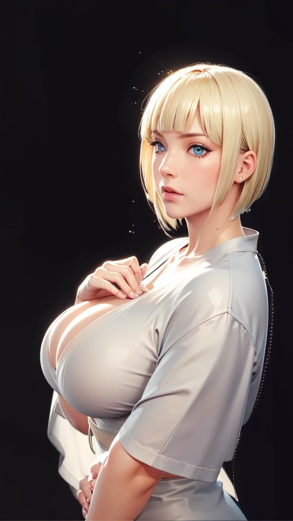 (（（Perfect body,White and tender skin,（（（BLACK KIMONO, CLEAVAGE, VAMBRACES,）））,（（（Samui, Blue eyes, blonde hair, short hair, bangs, blunt bangs,）））,((masterpiece)),high resolution, ((Best quality at best)),masterpiece,quality,Best quality,（（（ Exquisite facial features,Looking at the audience,There is light in the eyes,blush,Happy,lol）））,Look up at the sky，Raise a hand，From below）））,（（（Light and shadow,Huge breasts）））,（（（Looking at the camera,black background,)））),