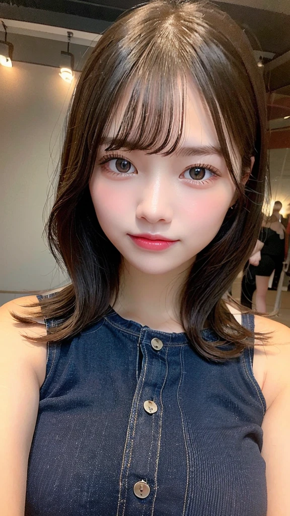 highest quality, shape, Very detailed, finely, High resolution, 8k wallpaper, Perfect dynamic shape, Beautiful and detailed, Summer clothes,Medium Hair,Natural color lip,smile,20-year-old girl、Midnight、Beautiful and elaborate face、Perfect and beautiful face、Slim face and figure,spread your arms wide,Big eyes,Take a photo with your face raised from below your knees、Small face、Beautifully detailed face、Perfect and beautiful double eyelids、Big cleavage、Long, Slender legs、One Woman、gravure、Skinny jeans、Watching the audience、runVery long hair, Blushing,