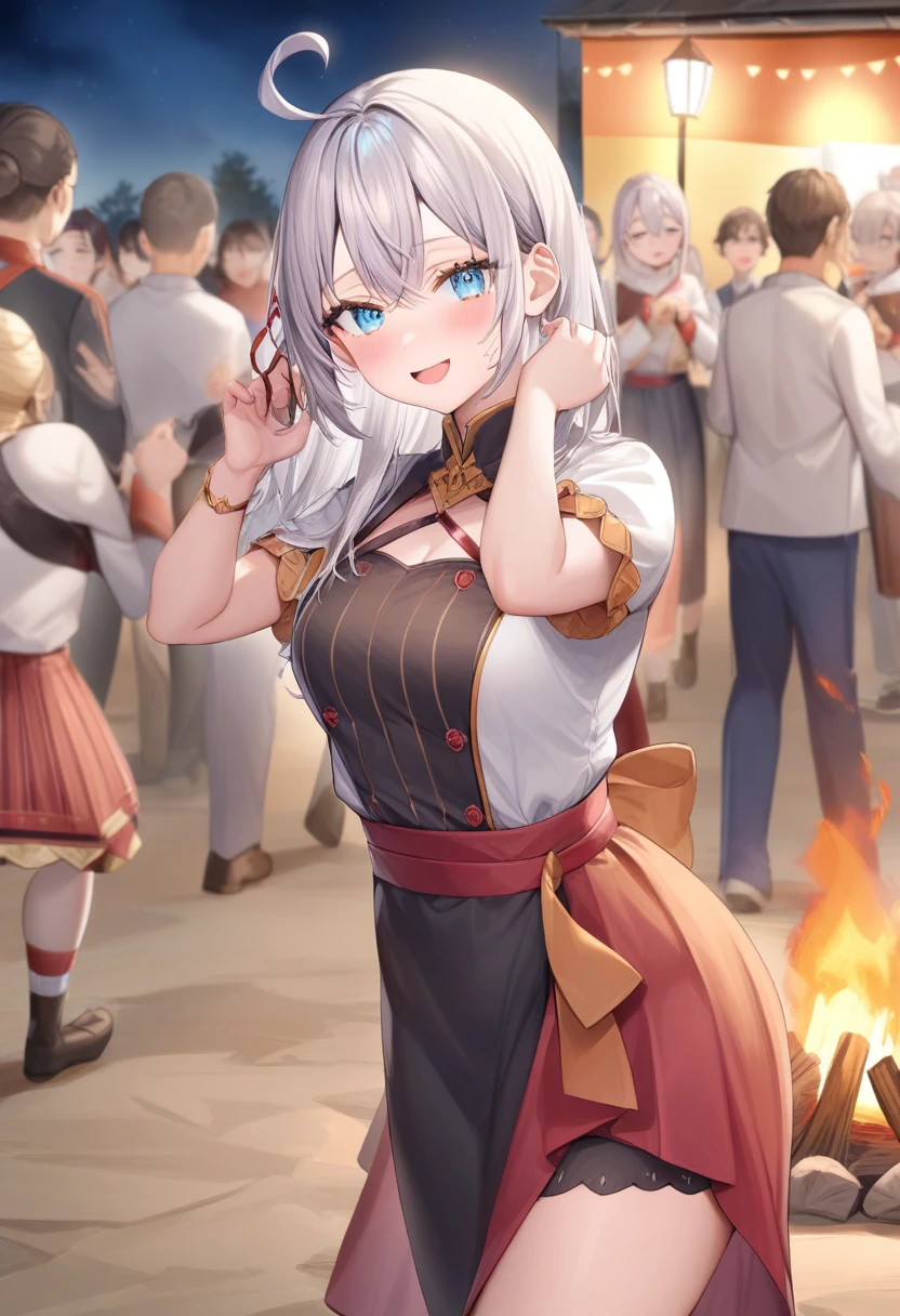 One girl, Alisa Mikhailovna Kujo,Tomorrow, my friend, Arya-san, will be visiting Russia.,alone, Long Hair, Eyebrows visible through hair, Hair between the eyes, Silver Hair, blue eyes, Medium chest, uniform、campfire、at night、School festival、Dancing folk dance、
View your viewers,
Highest quality, so beautiful,