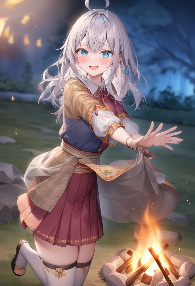 One girl,  Alisa Mikhailovna Kujo,Tomorrow, my friend, Arya-san, will be visiting Russia.,alone, Long Hair, Eyebrows visible through hair, Hair between the eyes, Silver Hair, blue eyes, Medium chest, uniform、campfire、at night、School festival、Dancing folk dance、
View your viewers, 
Highest quality, so beautiful, 