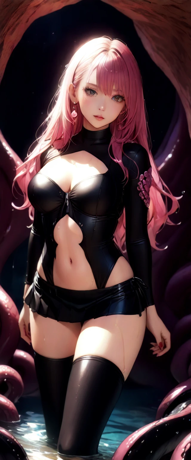 One Woman,20-year-old,((Sensual look)),((Micro Skirt, Bodysuits,,((Bodysuitsが破れています))Lots of tentacles,cave,Wet