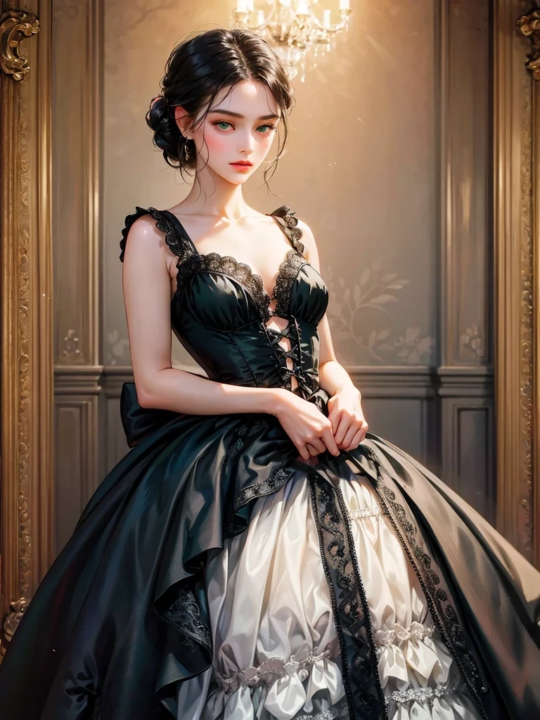 She wears a black victorian age dress. All colour is black