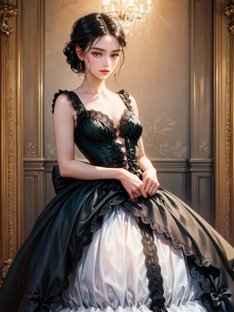 She wears a black victorian age dress. All colour is black