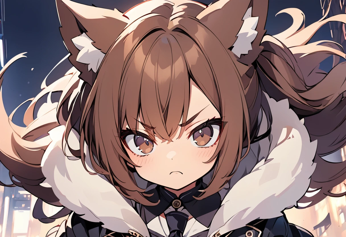 Anime, one girl, brown eyes, top quality, cute wolf girl, fashionable clothes, illustration, brown hair, serious expression,