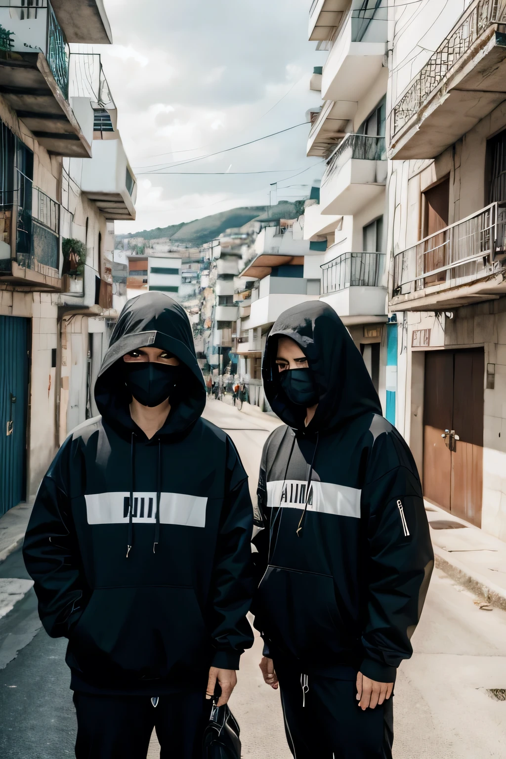 2 hooded men with masks and only their eyes showing, making favela signs with their hands