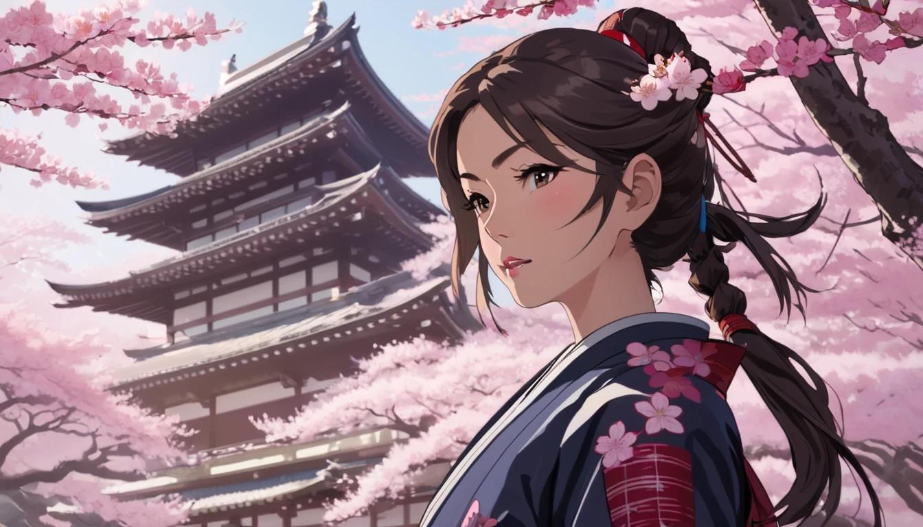 Female samurai,Cherry blossoms and Japanese temple