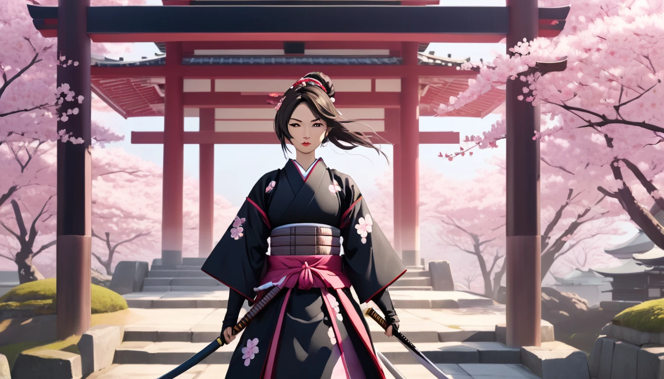 Female samurai,Cherry blossoms and Japanese temple