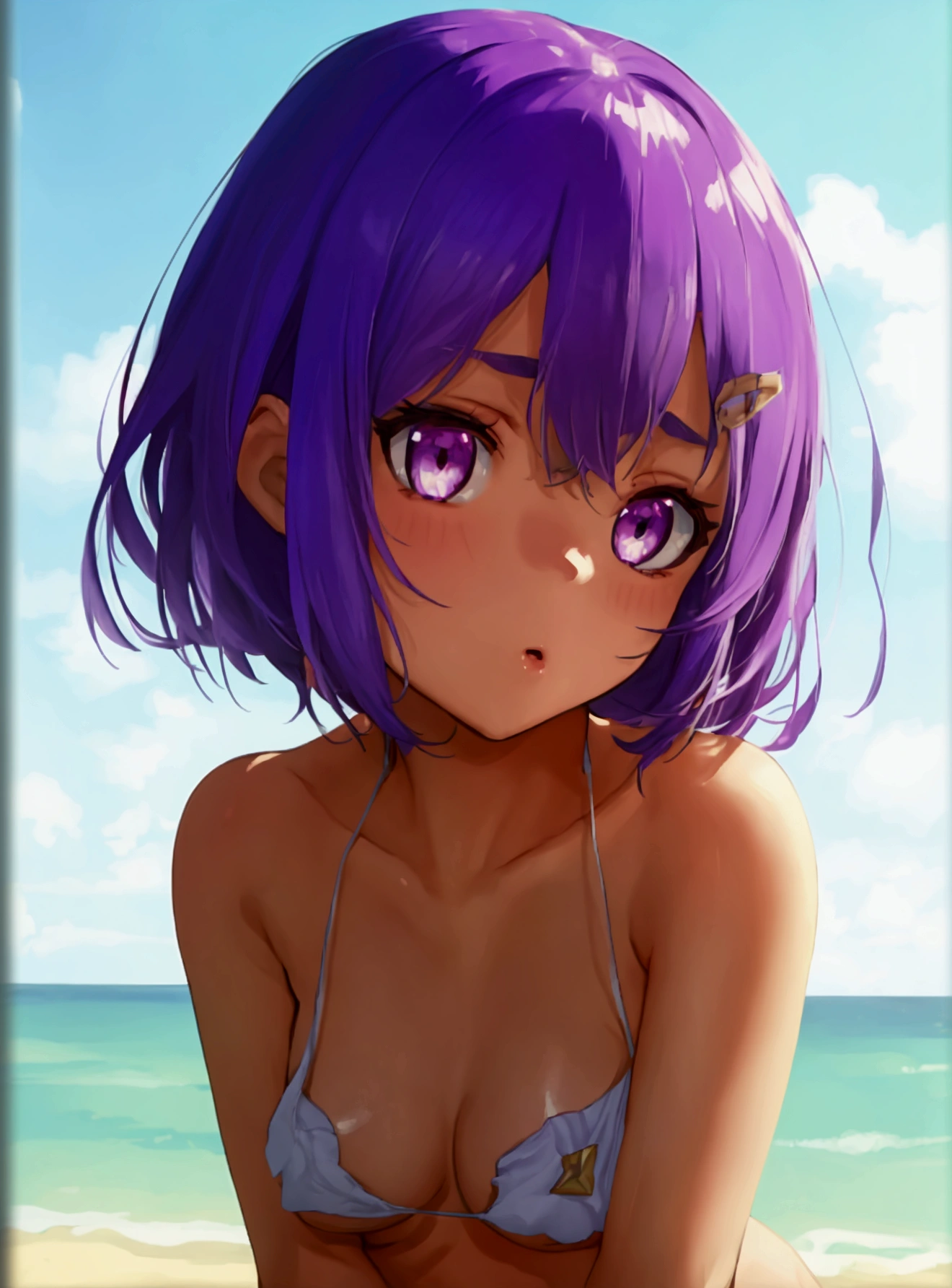 Naked, smoll stature, purple hair, purple eyes, flat tits, beach, short hair, chibi, naked, kneeling, show pussy