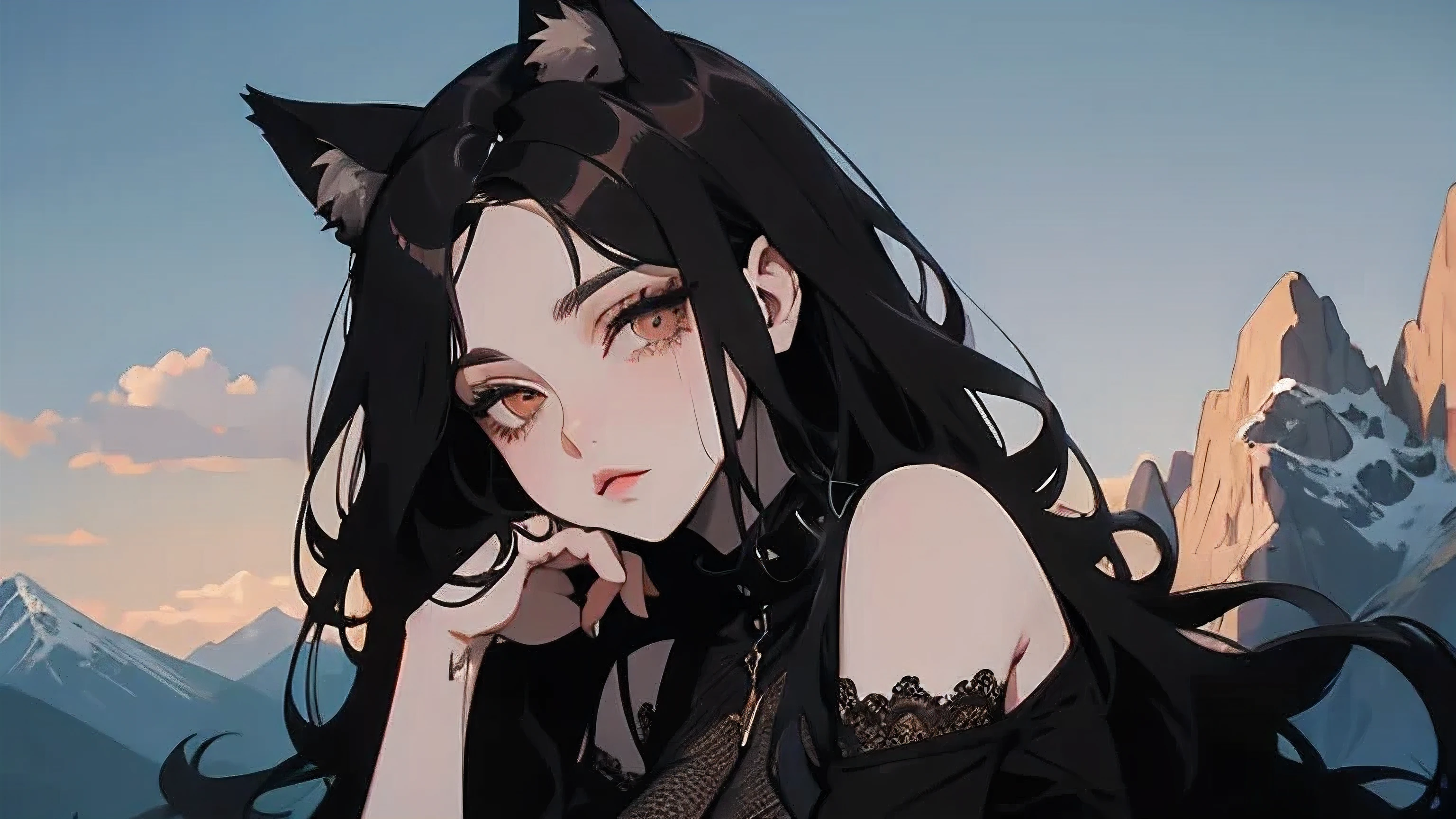 Half body, A beautiful woman, long wavy black hair, brown eyes, dark clothing, cat ears, mountains background