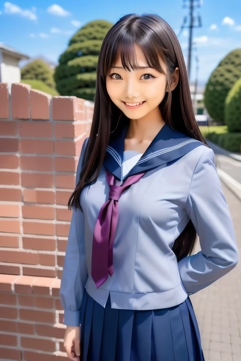 A woman in uniform poses for a photo, Japanese , Girl in uniform, Beautiful school girl, Real young gravure idol, Japanese girls uniform, Photorealistic Animation, Surreal , Hyuuga Hinata, Japanese Clothing , Face that faithfully reproduces the face of LoRA, High resolution, Very detailed, Natural Bangs, highest quality