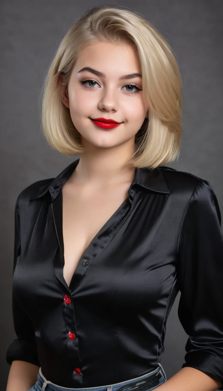 ultrarealistic high quality mugshot photo of a beautiful busty european 18-year-old girl with cute hyperdetailed shy happy face and shoulder length platin-blonde classic bob and long legs, realistic round eyes, red lipgloss, decent makeup with eyeliner, wearing black button-up satin blouse, cleavage, hourglass body, indoor office photography