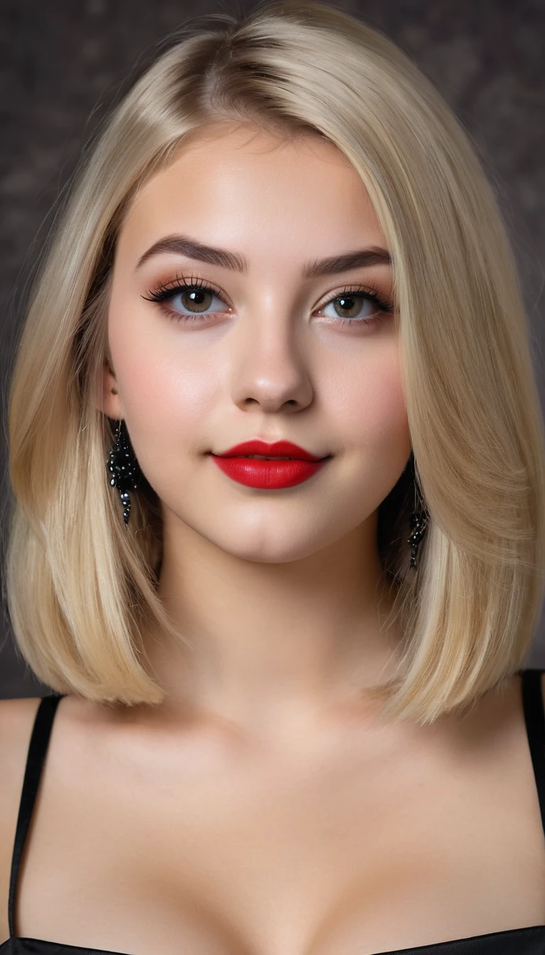 ultrarealistic high quality mugshot photo of a beautiful busty european 18-year-old teen girl with cute hyperdetailed shy happy face and shoulder length platin-blonde classic bob and long legs, realistic round eyes, red lipgloss, decent makeup with eyeliner, wearing black button-up satin blouse, cleavage, hourglass body, indoor office photography