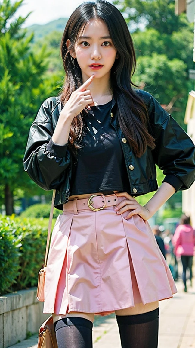 (8k、RAW Photos、Highest quality、masterpiece:1.2)、(Realistic、Realistic)、1 girl、((mini skirt、Pink Jacket、黒one piece、、Thin legs、whole body、boots、one piece、tights、garden、View from the front、Looking into the camera、belt、Stand with hands on hips))、cute